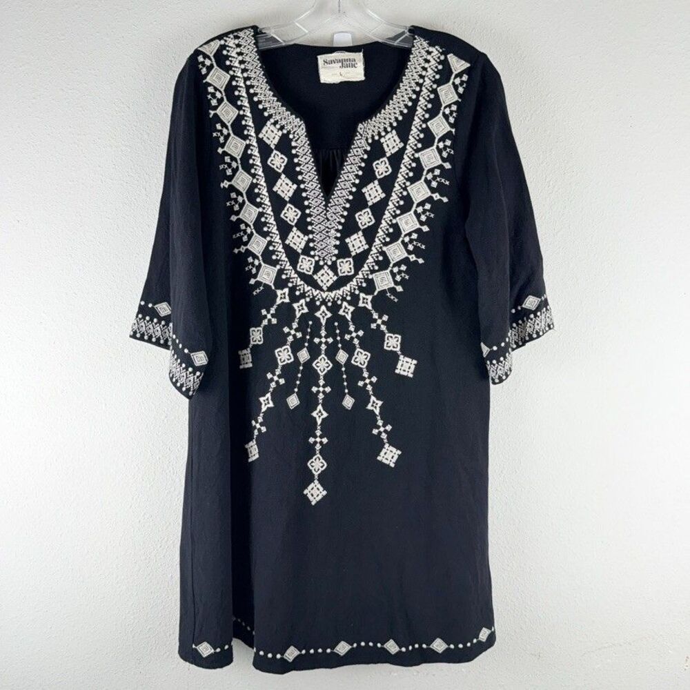 Savanna Jane Black Tunic Midi Dress with White Embroidery